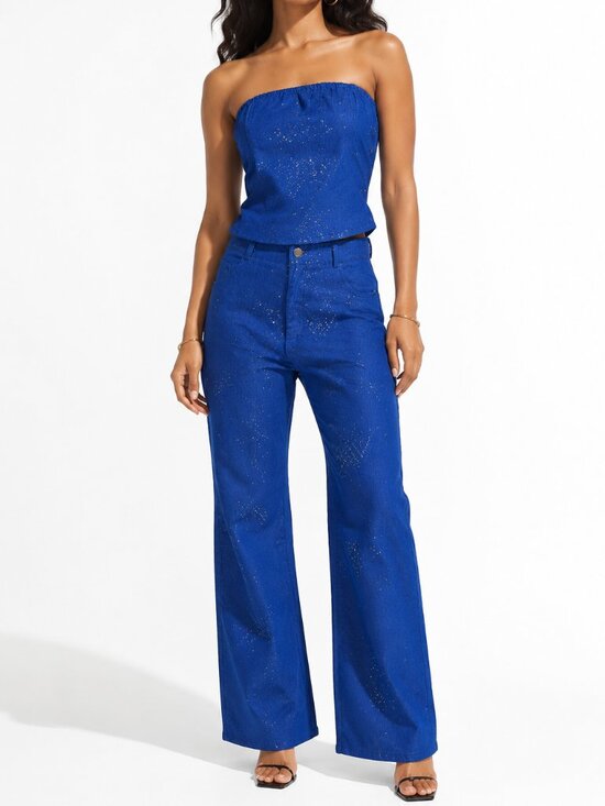Y2K Pants - Y2K Sparkle Denim Two Piece Set Glitter Strapless Crop Top Straight Leg Pants S